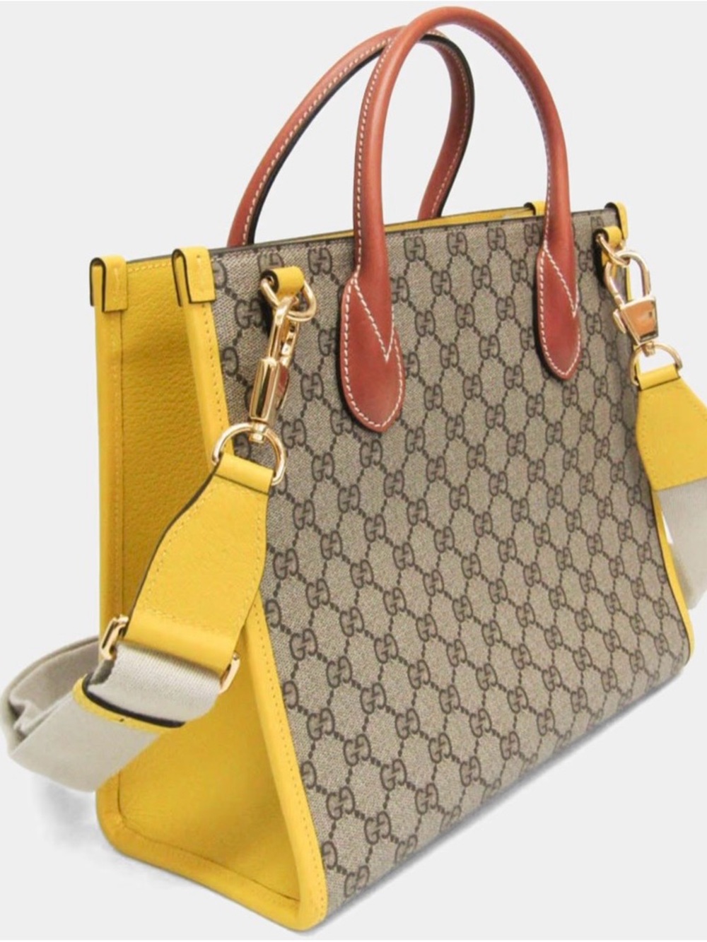 Gucci Beige GG Canvas Tote with Pink Logo and Tan Leather Handles - Picture 2 of 8